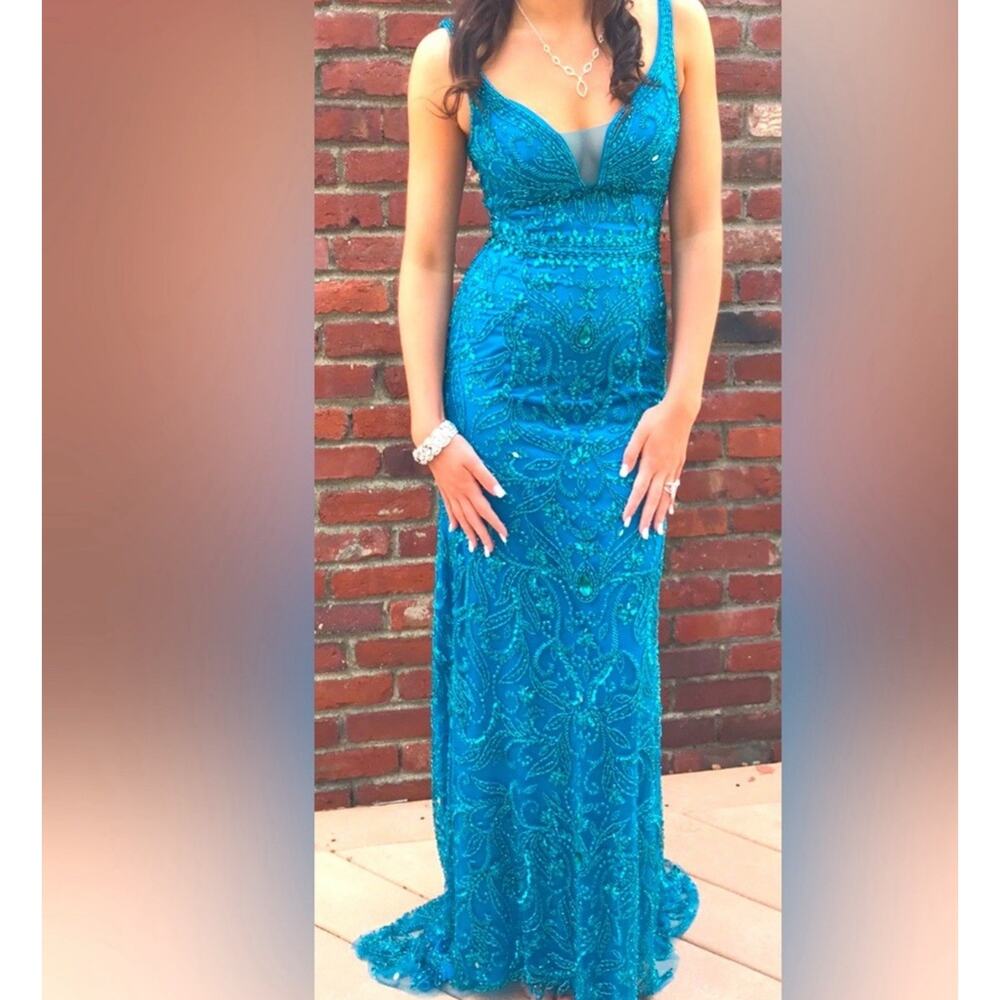 Sherri Hill Blue Fully Beaded Mermaid Prom Dress Size 6 READDDD